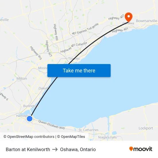 Barton at Kenilworth to Oshawa, Ontario map