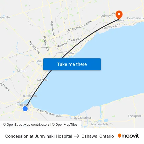 Concession at Juravinski Hospital to Oshawa, Ontario map