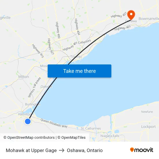Mohawk at Upper Gage to Oshawa, Ontario map