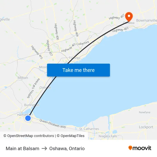 Main at Balsam to Oshawa, Ontario map