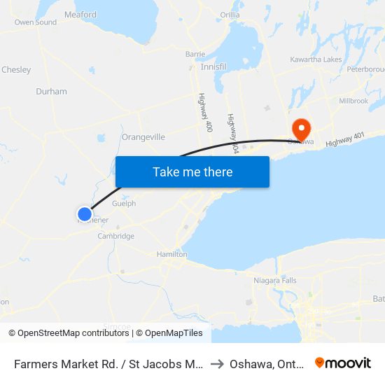 Farmers Market Rd. / St Jacobs Market to Oshawa, Ontario map