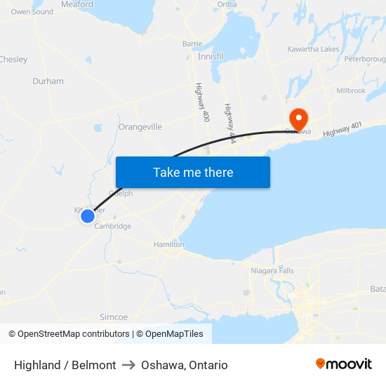 Highland / Belmont to Oshawa, Ontario map