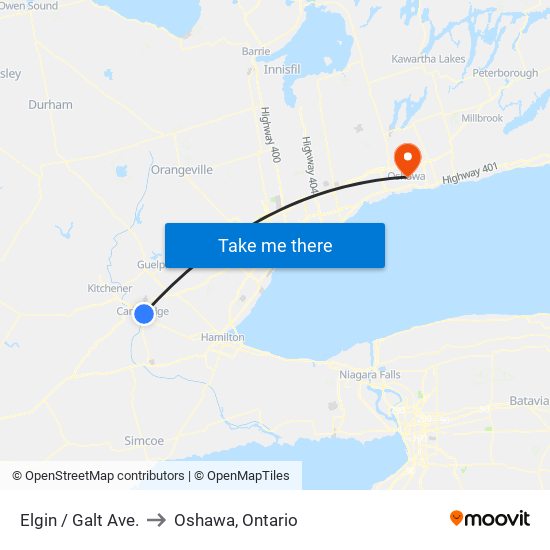 Elgin / Galt Ave. to Oshawa, Ontario map