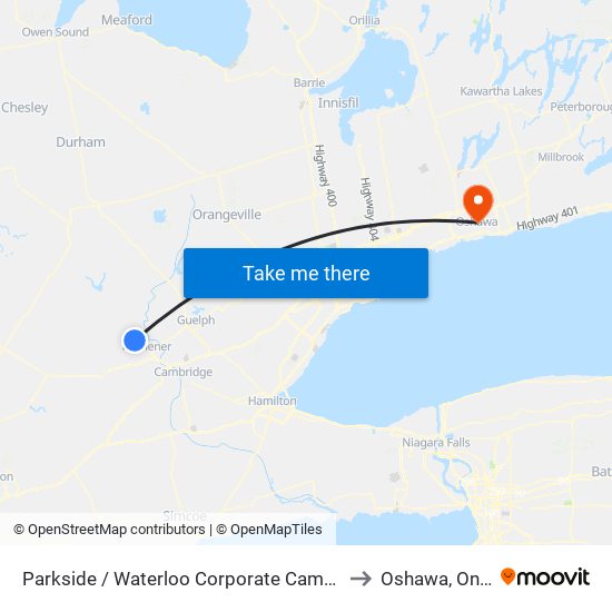 Parkside / Waterloo Corporate Campus - North to Oshawa, Ontario map