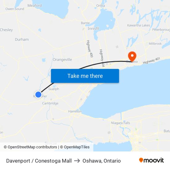 Davenport / Conestoga Mall to Oshawa, Ontario map