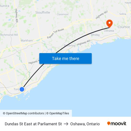 Dundas St East at Parliament St to Oshawa, Ontario map
