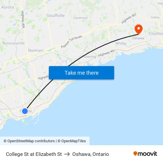 College St at Elizabeth St to Oshawa, Ontario map