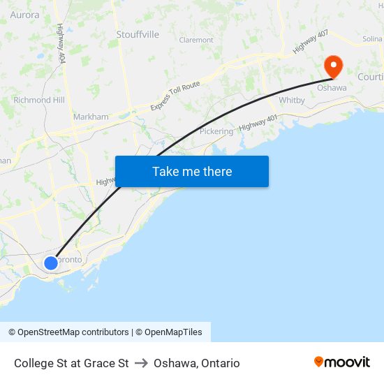 College St at Grace St to Oshawa, Ontario map