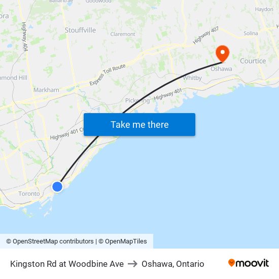 Kingston Rd at Woodbine Ave to Oshawa, Ontario map