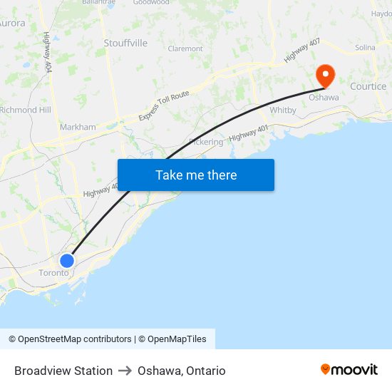 Broadview Station to Oshawa, Ontario map