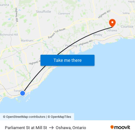 Parliament St at Mill St to Oshawa, Ontario map