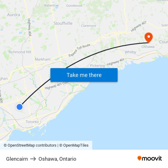 Glencairn to Oshawa, Ontario map