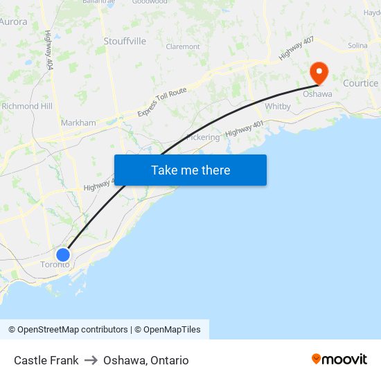 Castle Frank to Oshawa, Ontario map