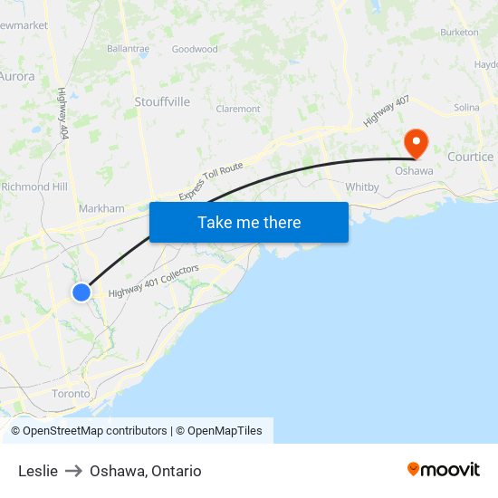 Leslie to Oshawa, Ontario map