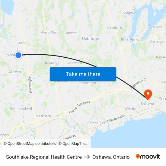 Southlake Regional Health Centre to Oshawa, Ontario map