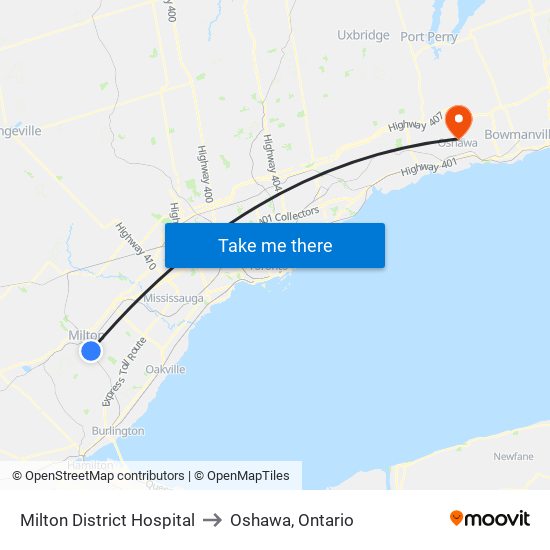 Milton District Hospital to Oshawa, Ontario map