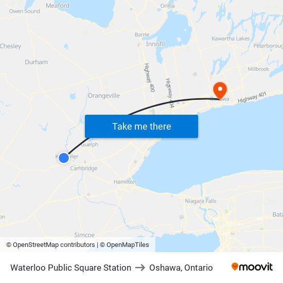 Waterloo Public Square Station to Oshawa, Ontario map