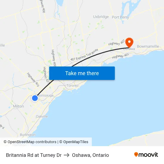 Britannia Rd at Turney Dr to Oshawa, Ontario map