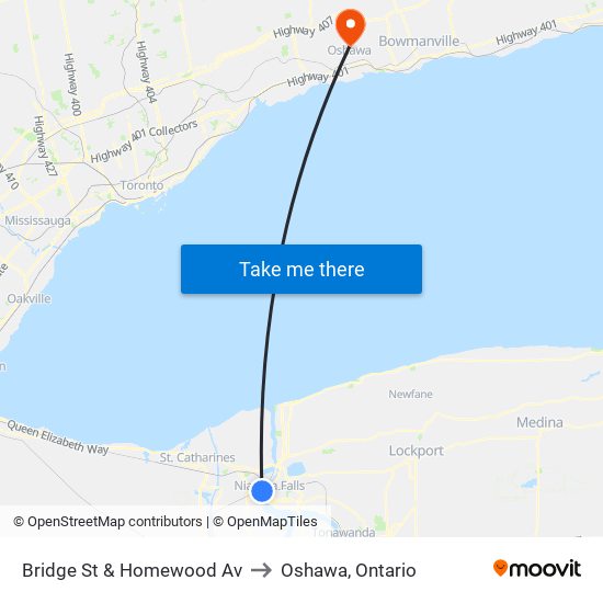 Bridge St & Homewood Av to Oshawa, Ontario map