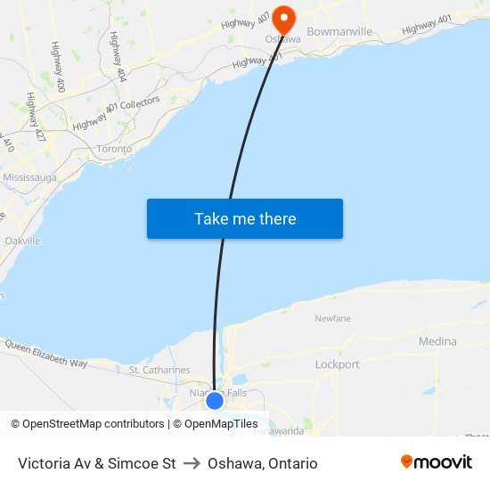 Victoria Av & Simcoe St to Oshawa, Ontario map