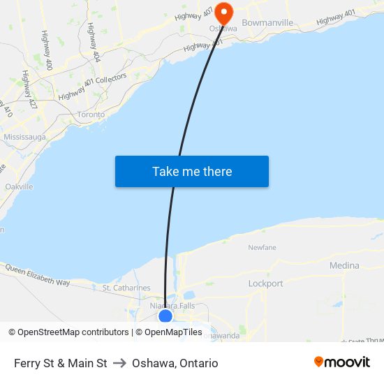 Ferry St & Main St to Oshawa, Ontario map