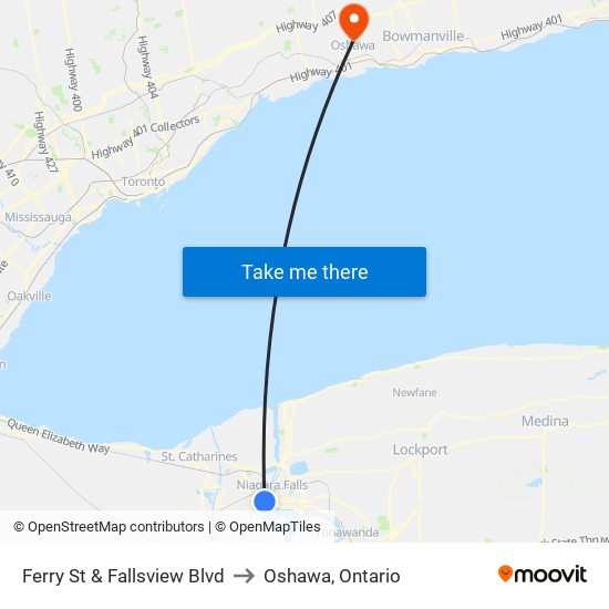 Ferry St & Fallsview Blvd to Oshawa, Ontario map