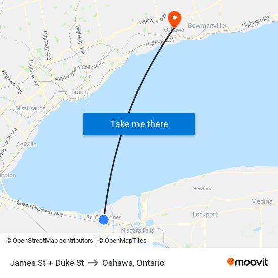 James St + Duke St to Oshawa, Ontario map