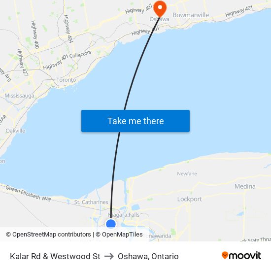 Kalar Rd & Westwood St to Oshawa, Ontario map