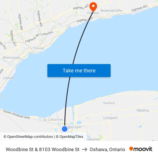 Woodbine St & 8103 Woodbine St to Oshawa, Ontario map