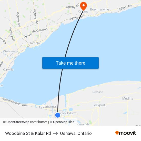 Woodbine St & Kalar Rd to Oshawa, Ontario map