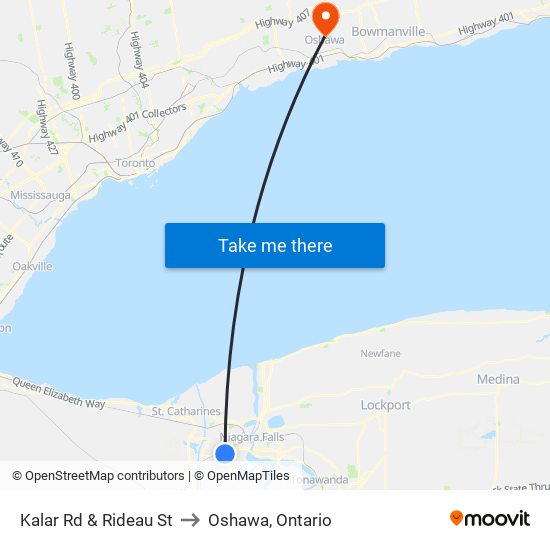 Kalar Rd & Rideau St to Oshawa, Ontario map