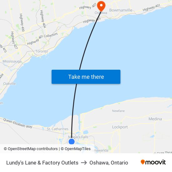 Lundy's Lane & Factory Outlets to Oshawa, Ontario map