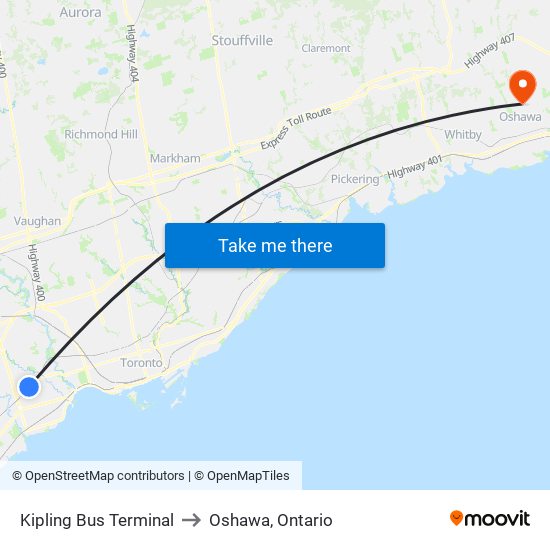 Kipling Bus Terminal to Oshawa, Ontario map