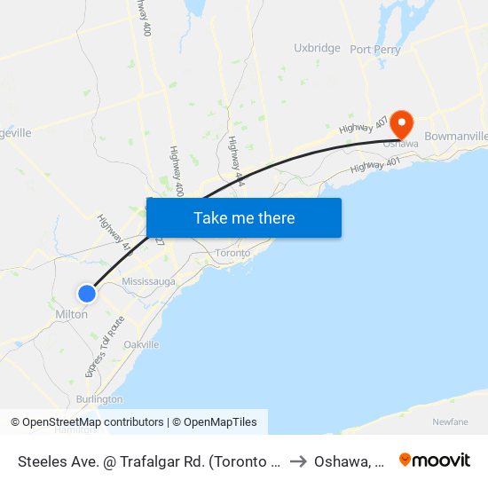 Steeles Ave. @ Trafalgar Rd. (Toronto Premium Outlets) to Oshawa, Ontario map