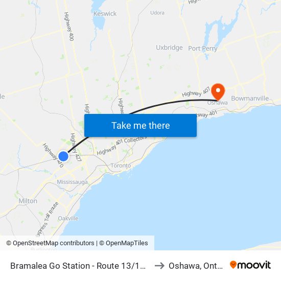 Bramalea Go Station - Route 13/16 Stop to Oshawa, Ontario map