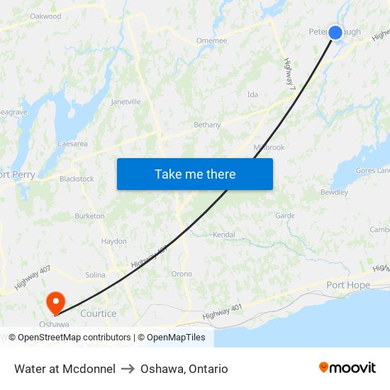 Water at Mcdonnel to Oshawa, Ontario map