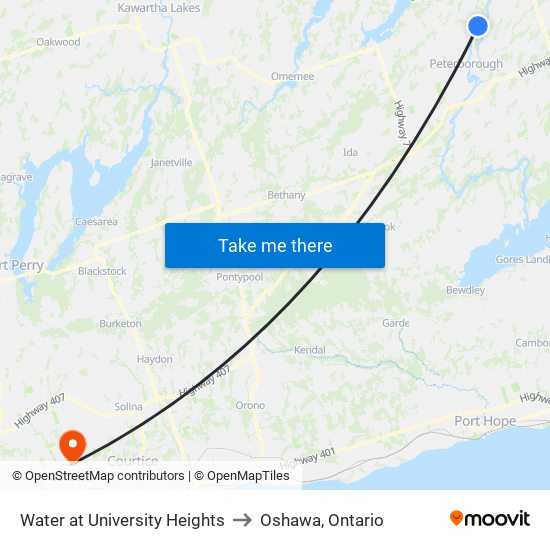 Water at University Heights to Oshawa, Ontario map