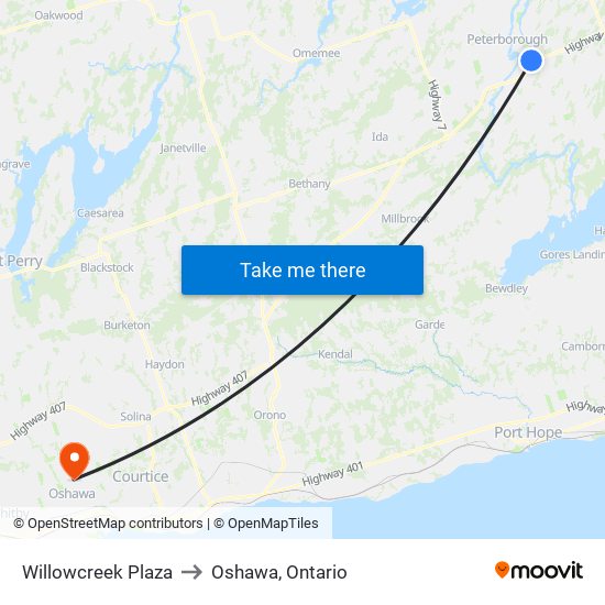 Willowcreek Plaza to Oshawa, Ontario map