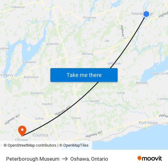 Peterborough Museum to Oshawa, Ontario map