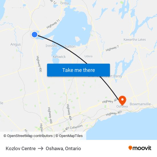 Kozlov Centre to Oshawa, Ontario map