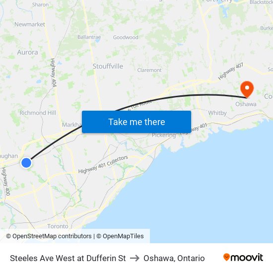 Steeles Ave West at Dufferin St to Oshawa, Ontario map