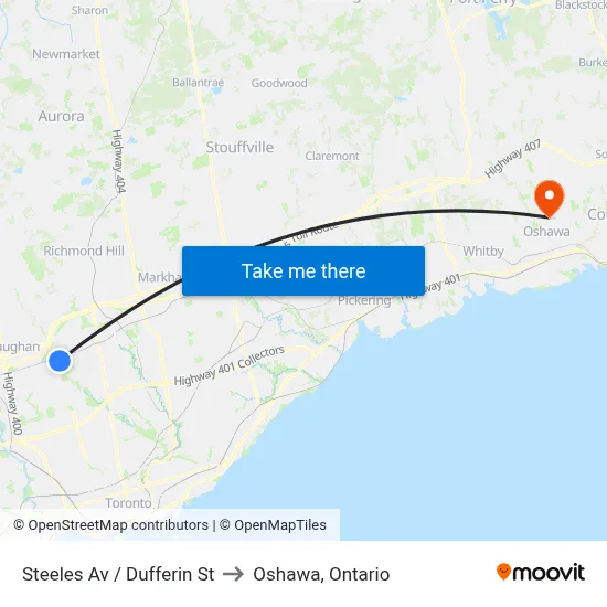 Steeles Av / Dufferin St to Oshawa, Ontario map