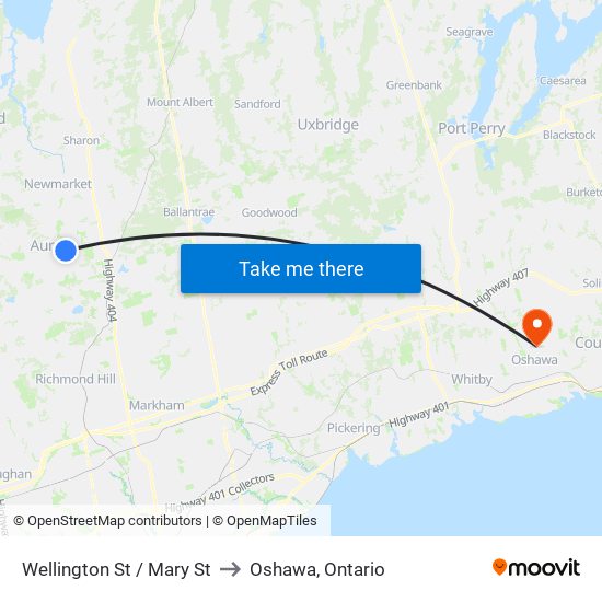 Wellington St / Mary St to Oshawa, Ontario map