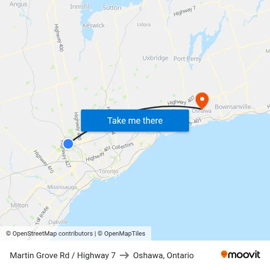 Martin Grove Rd / Highway 7 to Oshawa, Ontario map