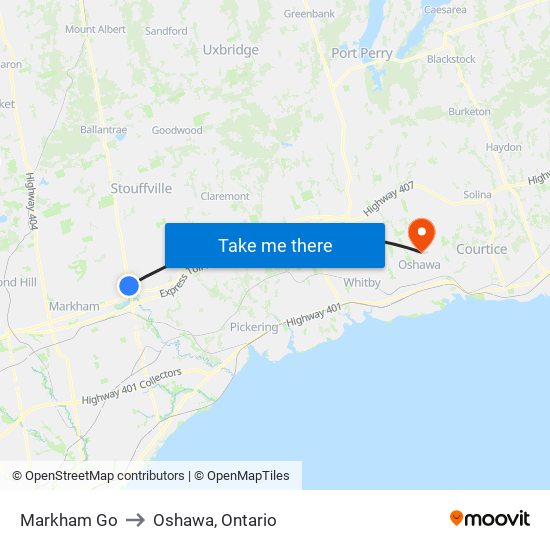 Markham Go to Oshawa, Ontario map