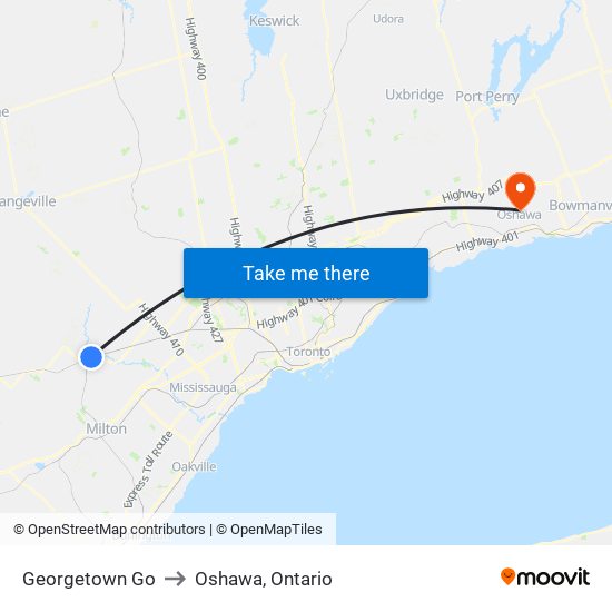 Georgetown Go to Oshawa, Ontario map