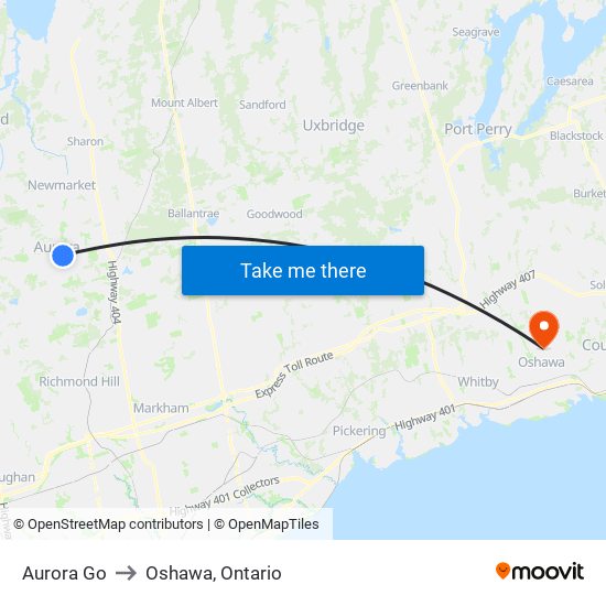 Aurora Go to Oshawa, Ontario map