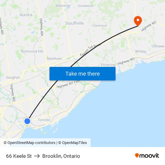 66 Keele St to Brooklin, Ontario map