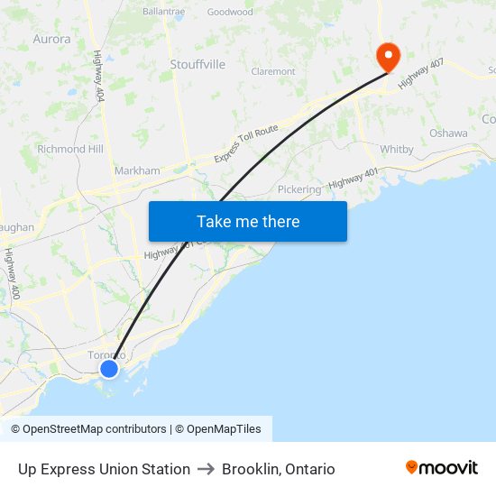 Up Express Union Station to Brooklin, Ontario map