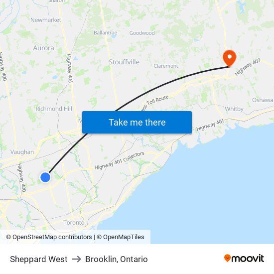 Sheppard West to Brooklin, Ontario map